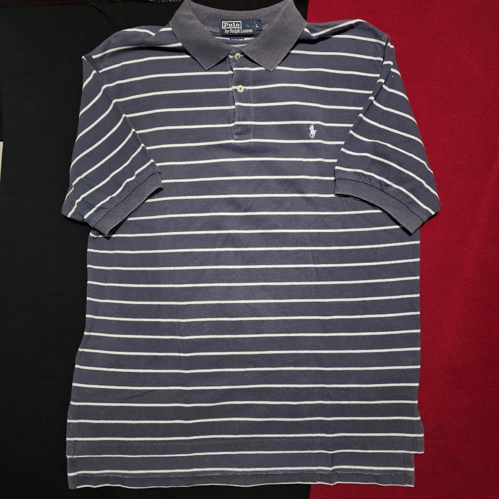 Polo Ralph Lauren 100% Cotton Polo Shirt Men's Size L Navy Blue White Pinstripe